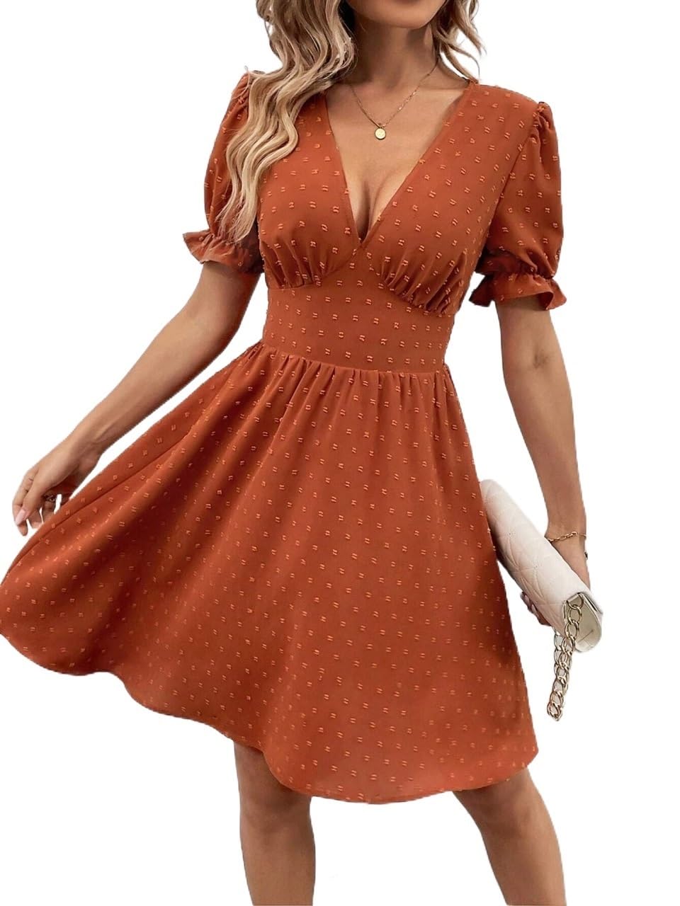 Amazon.com: ZOKIVA Womens Summer Dress Swiss Dot Plunging Neck Puff Sleeve Dress in Burnt Orange | Casual A-Line Knee Length Dress (Color : Burnt Orange, Size : Large) : Clothing, Shoes & Jewelry Amazon.com: ZOKIVA Womens Summer Dress Swiss Dot Plunging Neck Puff Sleeve Dress in Burnt Orange | Casual A-Line Knee Length Dress (Color : Burnt Orange, Size : Large) : Clothing, Shoes & Jewelry