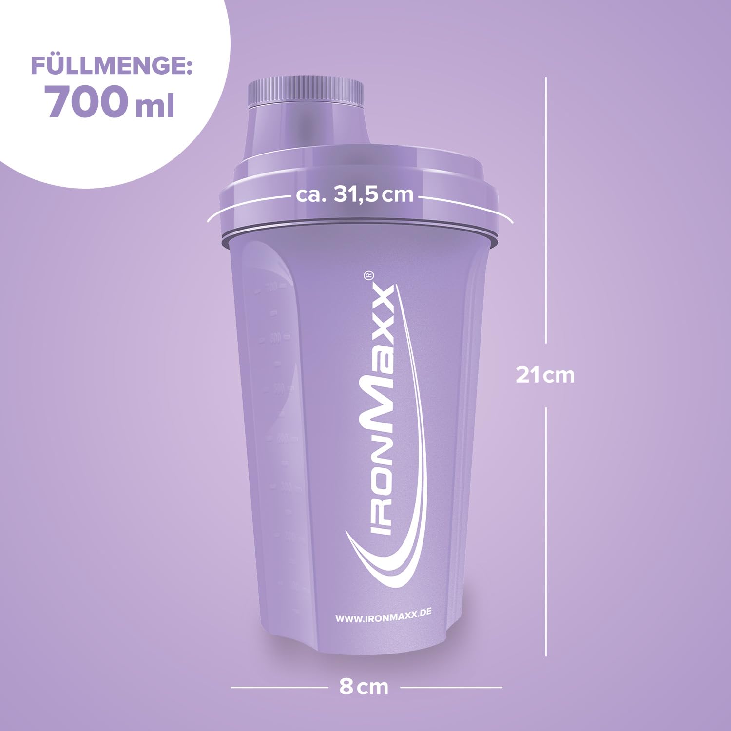 IronMaxx Shaker do białek, lawendowy shaker 700 ml, szczelny, nadaje się do mycia w zmywarce, nie zawiera BPA i DEHP | shaker proteinowy z zamknięciem obrotowym, sitkiem i skalą pomiarową