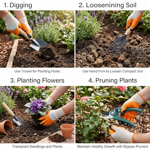 Image of 5 Piece Gardening Tool Set |Wooden Handle Hand Cultivator, Trowel, Garden Fork, Pruner with Flower Cutter and Gloves