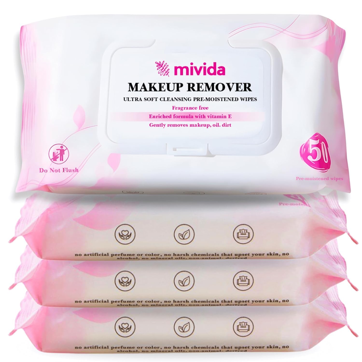 mivida Hypoallergenic Makeup Remover Wipes Bulk With Vitamin E, 200 count (4×50) Value Pack, Fragrance Free Makeup Wipes For Sensitive Skin, Alcohol
