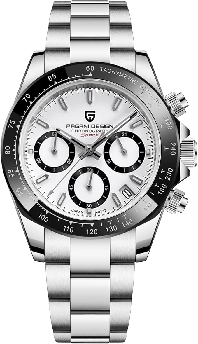 DAOLVENPagani Design 1644 Men's Watches, VK63 Quartz Movement Stainless Steel 100M Waterproof Panda-Dial Wristwatch Chronograph