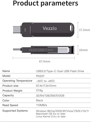 Miniatura 6 de Vezzio Memoria USB 2 en 1 OTG USB 3.2+ tipo C, diseño giratorio de pulgar para iPhone 15 y 16, iPad, teléfono Android, tableta, laptop (128, GB)