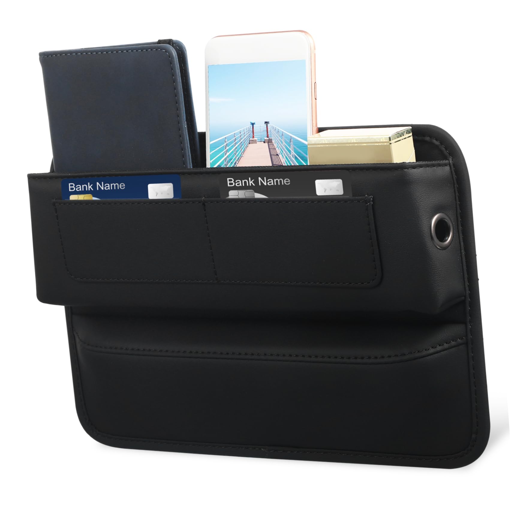 Anneome Organizador de Coche entre Asiento y Consola, Cuero Negro Caja de Almacenamiento, Fácil Instalación, para Asiento Delantero, para Snacks y Llaves