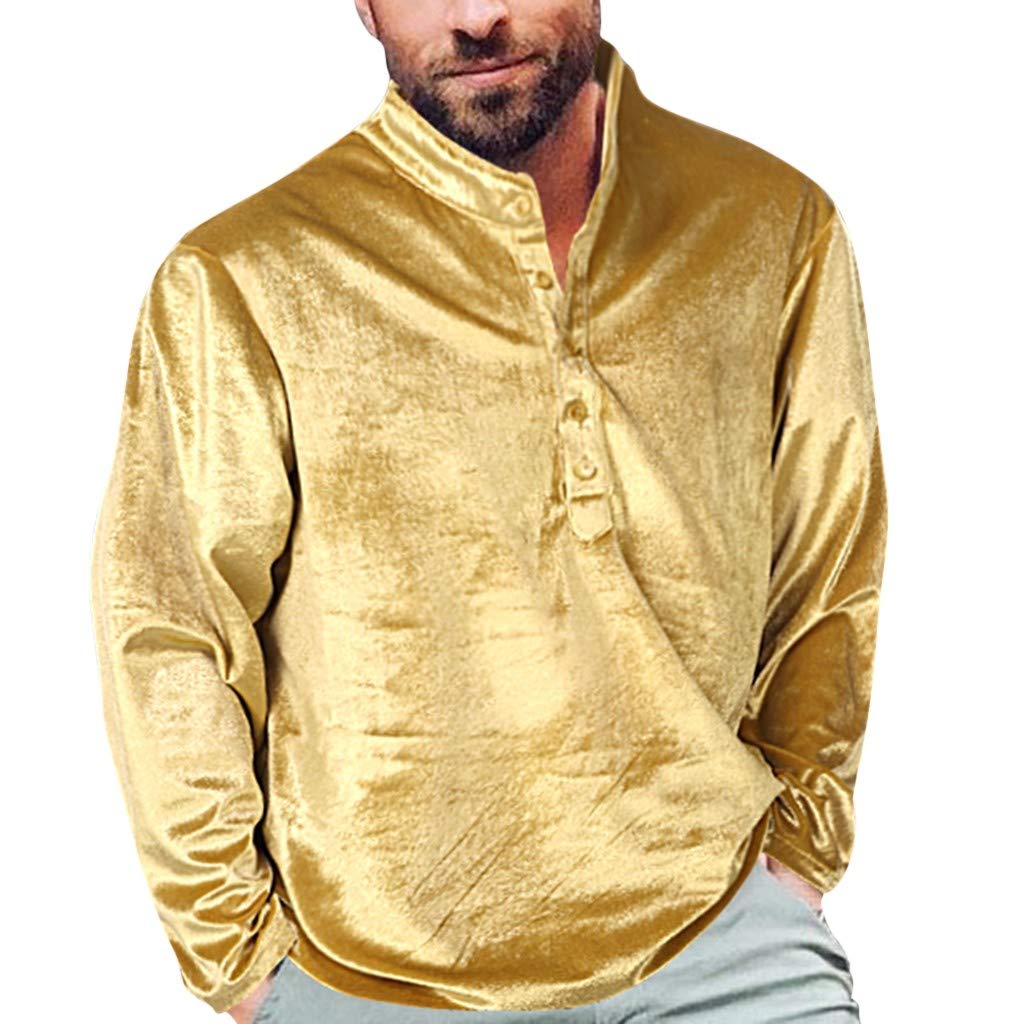 Men's Henley T Shirts Velvet Velour Long Sleeve Button Shirts Turtleneck Loose Pullover Tops