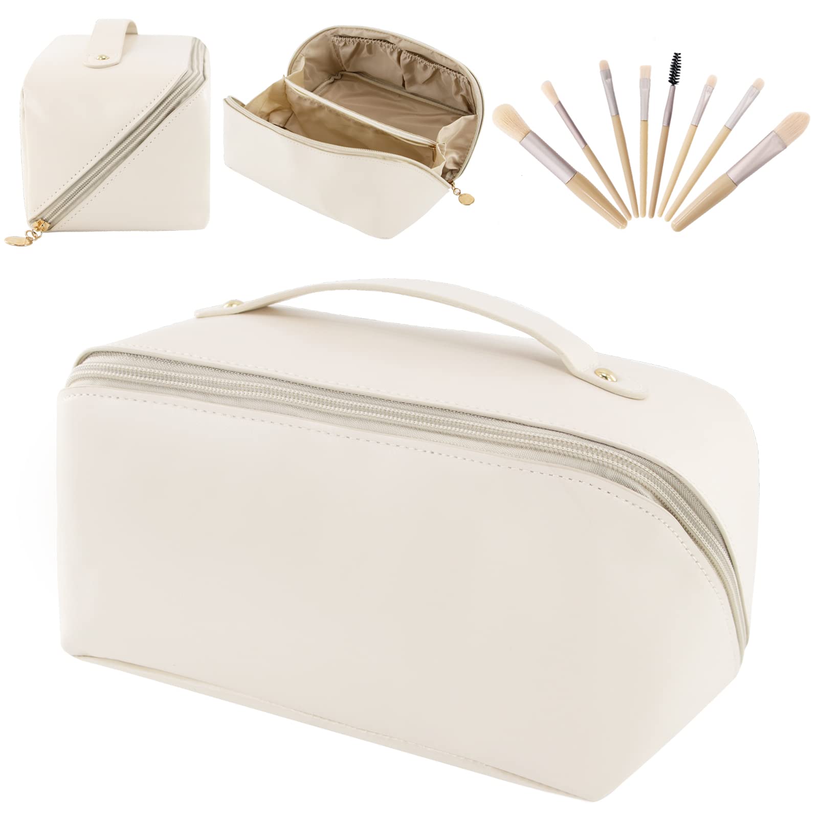 Large Capacity Travel Cosmetic Bag with 8PCS Makeup Brush Set, Waterproof Makeup Bag Organizer with Compartments and Handle PU Leather Storage Toiletry Bag for Women (White)