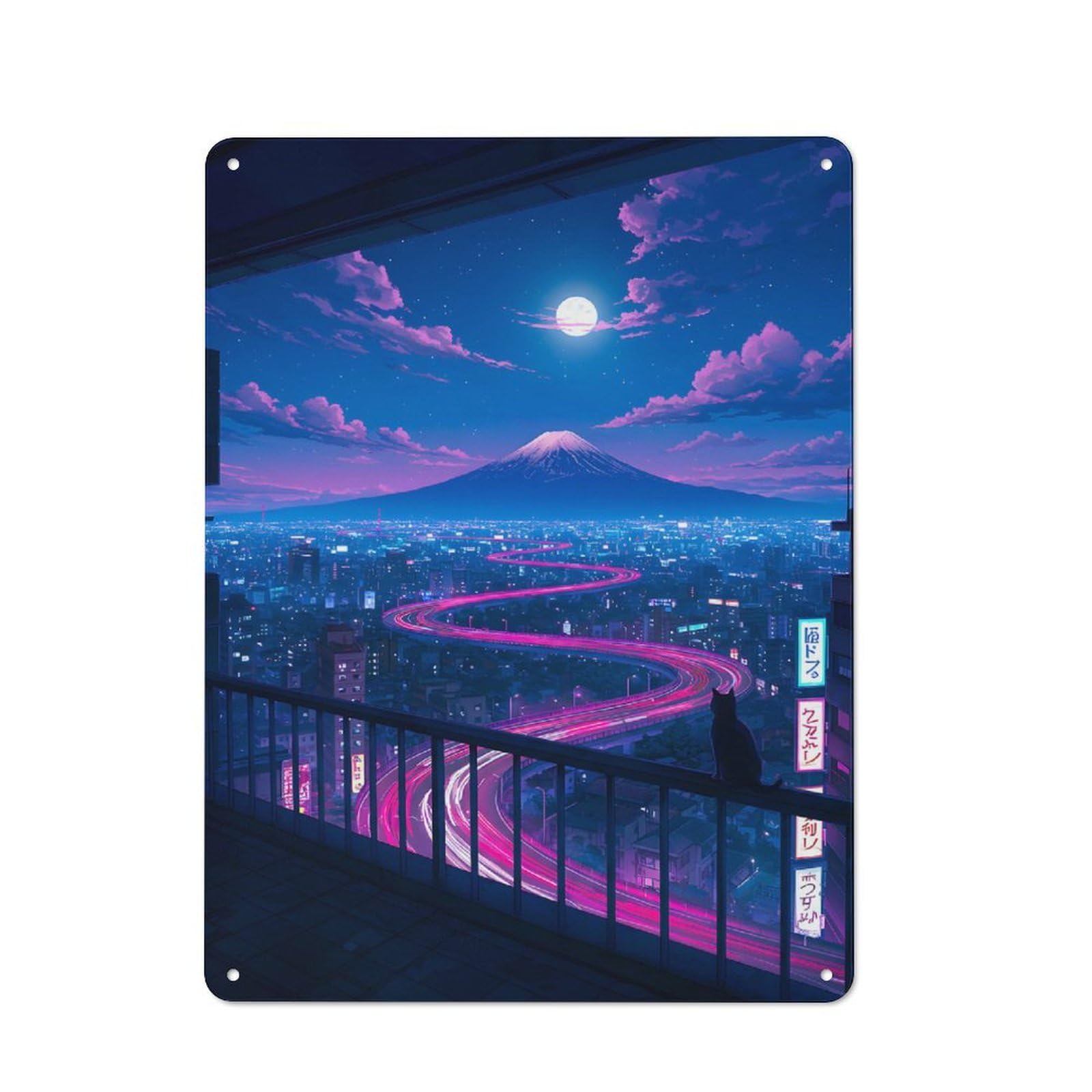 Junmoney Style-14 Night Cityscape With Mount Fuji Decorative Tin Sign 40X30cm, Old Fashioned Vintage Wall Decor For Lounge, Study, Pub Or Wall Gallery