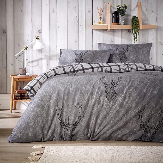KARKARM Stag Checkered Duvet Cover Tartan Reversible Soft Cotton Rich Duvet Cover Sets with 1 Pillow Case Christmas XMAS Bedding Bed Linen Sets (Stag - Grey, Single)