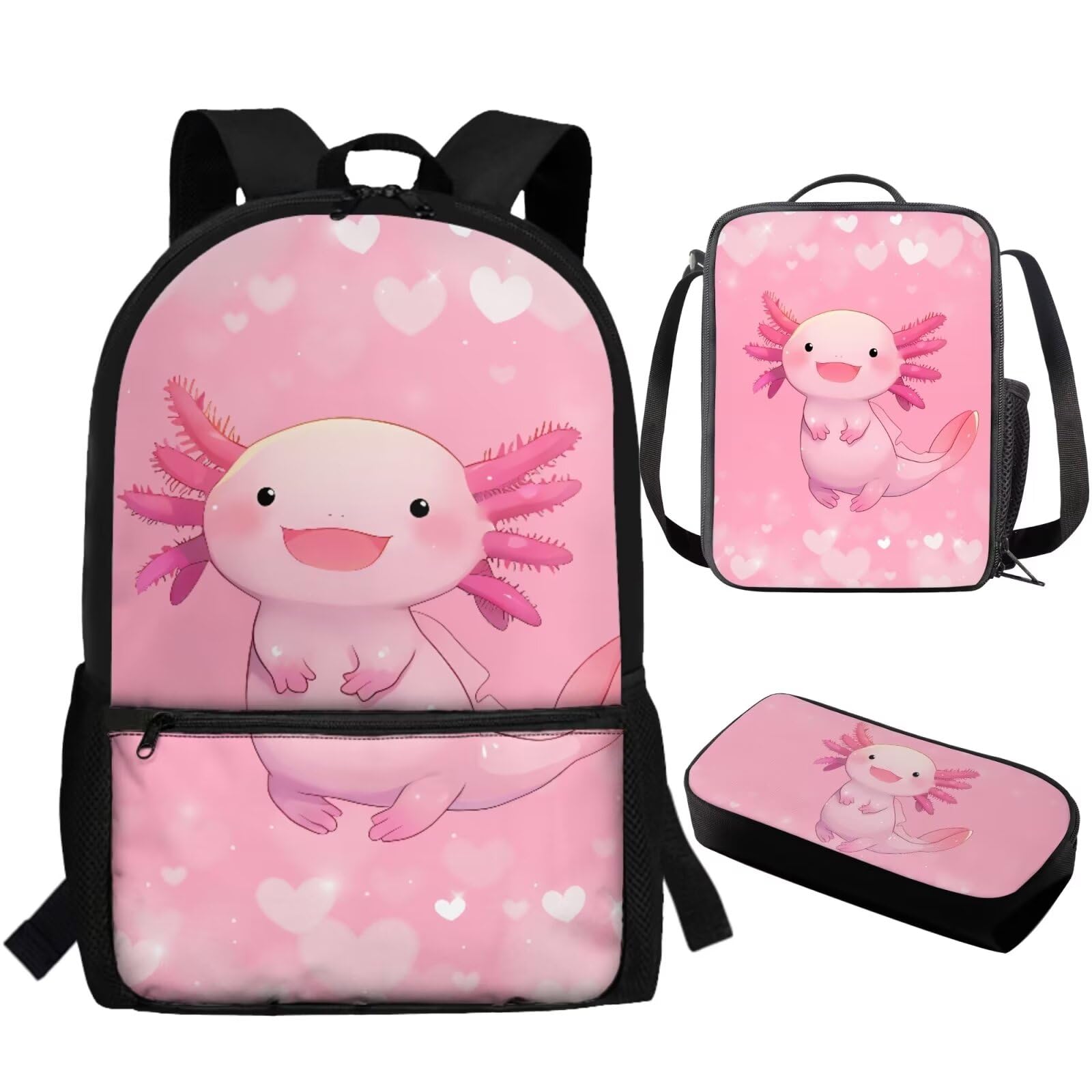 TOADDITDO Axolotl Cute Backpacks for Kids Girls 9-10 Kawaii Schoolbag with Lunch Box Pencil Case Toddler Large Book Bags Student Hiking Camping Rucksack Daycare Bags Mochilas Escolares Para NiñAs