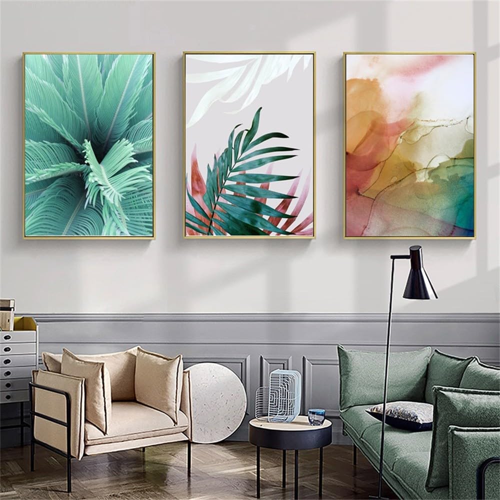 WBYZAC Botanical Posters-Modern Abstract Watercolor Ink Canvas Paintings Plant Wall Art Nordic Green Plant Leaves Poster Bedroom Kitchen Office Print Decoration Pictures-60 * 80cm*3PCS (No Frame)