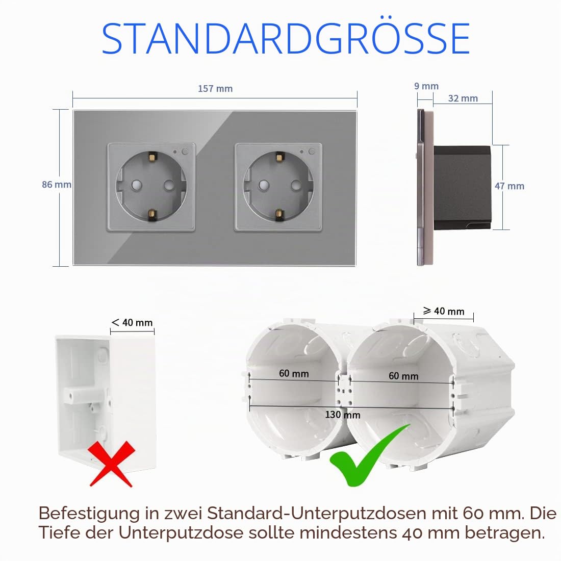 CNBINGO WLAN Schuko Steckdose Unterputz, 16 Amp Glas Smart Steckdose Arbeit mit Alexa(Echo, Echo Dot), Google Assistant, APP Steuerung, Nur 2.4 GHz WiFi, 2 Fach, Grau, 2er Pack