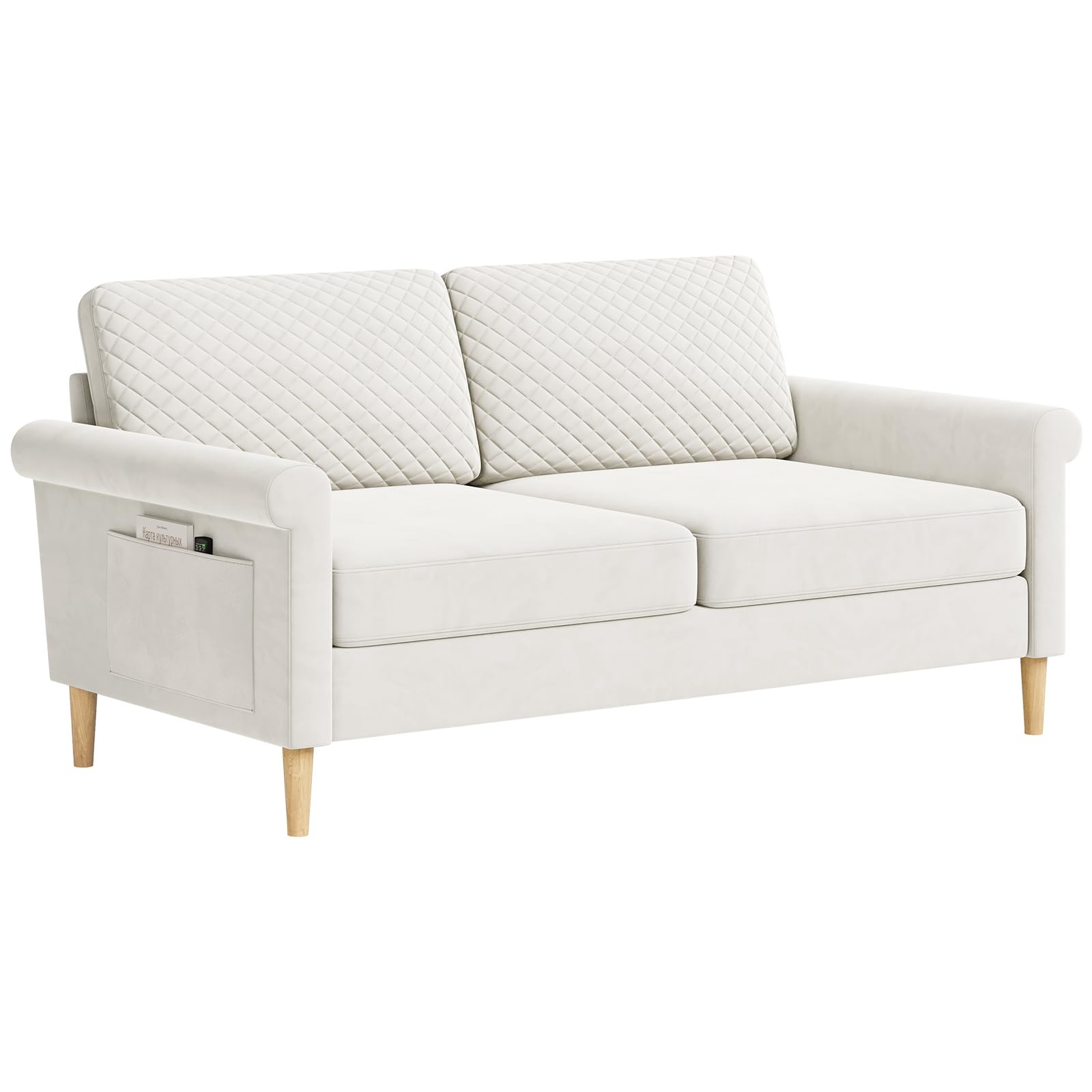 Vesgantti Velvet 2 Seater Sofa, 164cm Loveseat Sofa with Bilateral Pocket Storage, Upholstered Couch Perfect for Living Room, Bedroom, Office, Apartment, Tool-free Assembly, 164L*76D*85Hcm, Cream