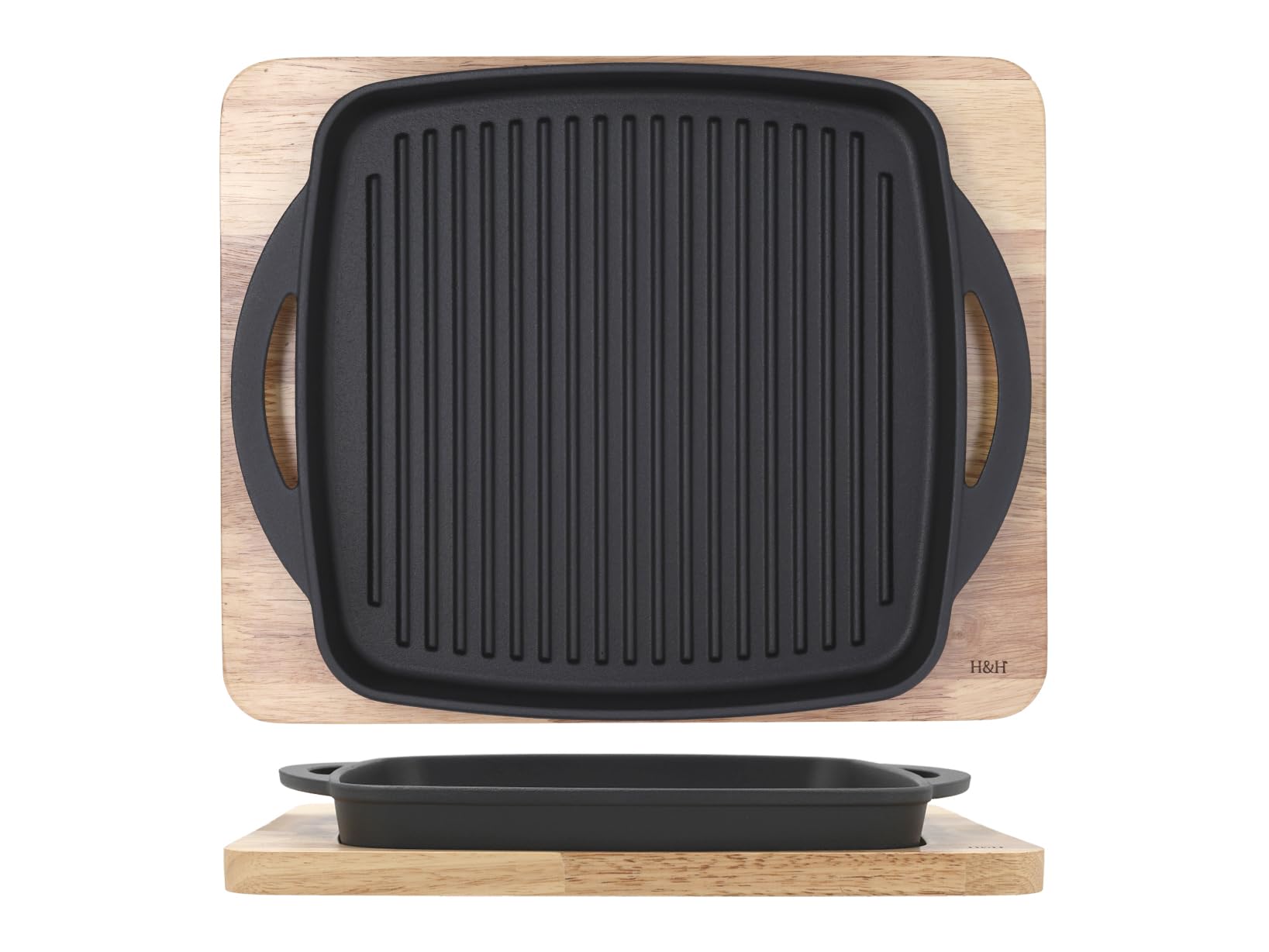 H&H Piastra da Portata in Ghisa Rigata 27 cm con Sottopiatto in Legno Chiaro, Riscaldabile in Forno, Compatibile con Induzione, Vetroceramica e Tutti i Piani Cottura