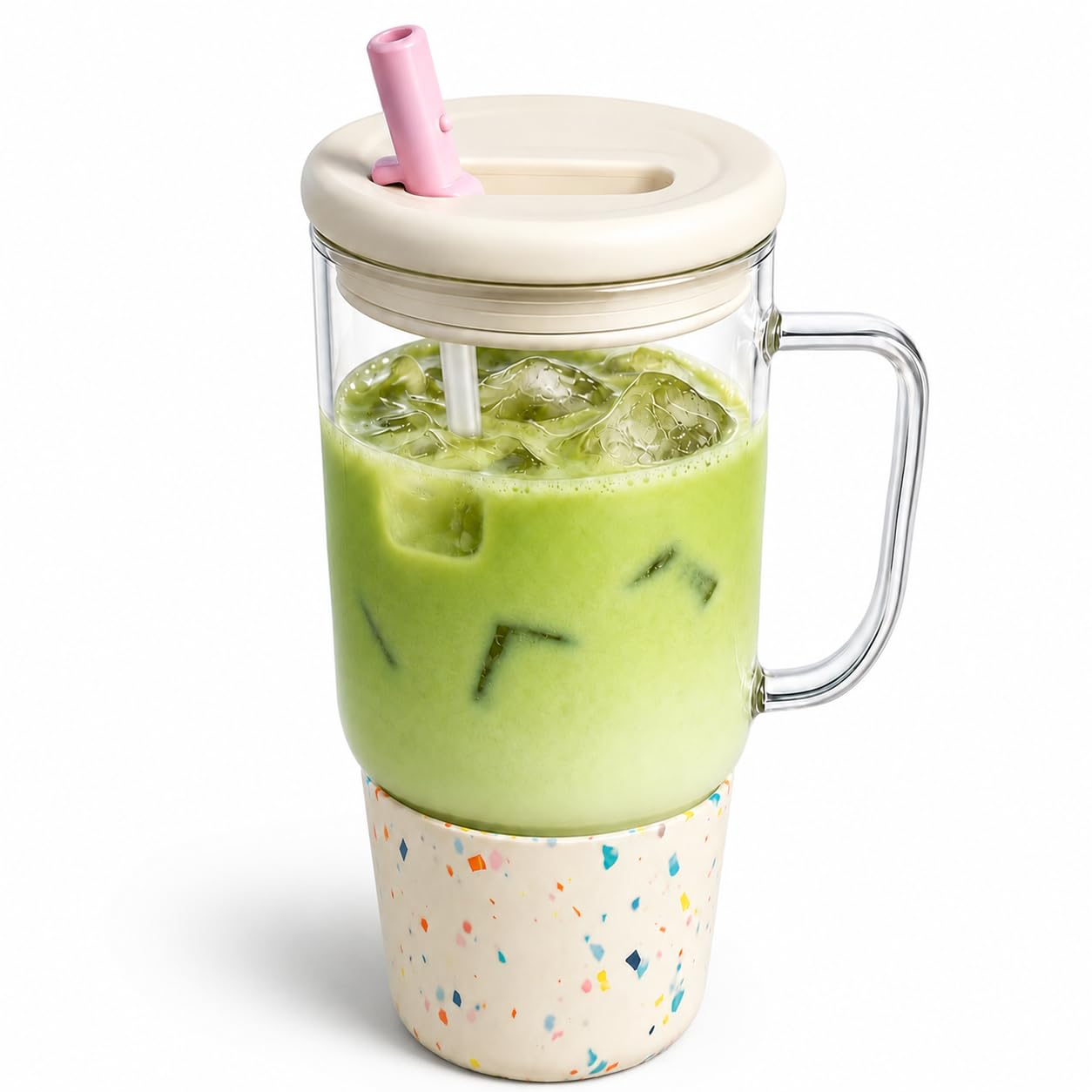 ANOTION 40oz Glass Tumbler with Flip Straw Lid