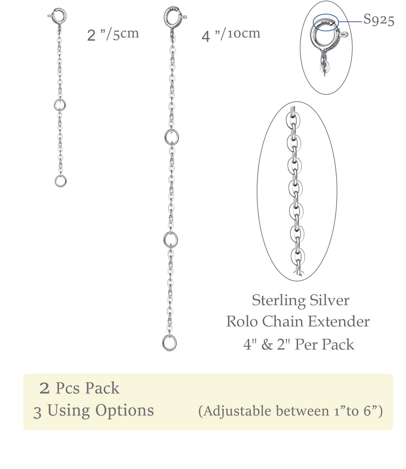 Elda&Co - Catena rolò in argento Sterling, 2 pezzi per confezione, lunghezza: 10,2 cm e 5,1 cm