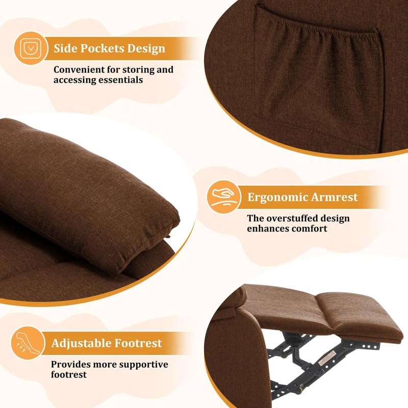 Image of Recliner Sofa 1 Seater | Manual Recliner, 360 Swivel Recliners for Small Spaces,Rocker Recliner with Side Pockets Chairs for Living Room, Bedroom, Nursery, Brown