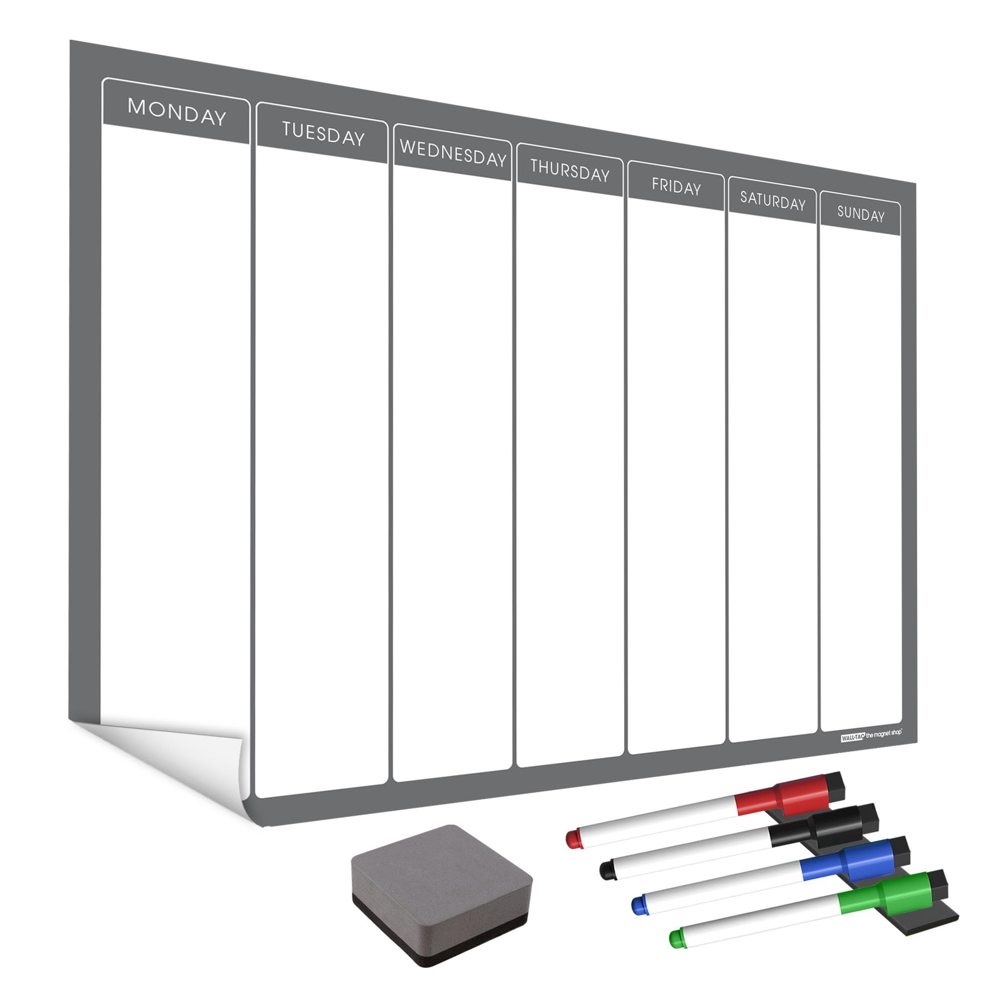 WallTAC A2 Weekly Planner Whiteboard Sticker for Wall | Made in the UK | Easy-to-Remove Dry Wipe Calendar with Reusable Adhesive | Family Meal Planner or to Do List for Home and Office [42 x 60cm]