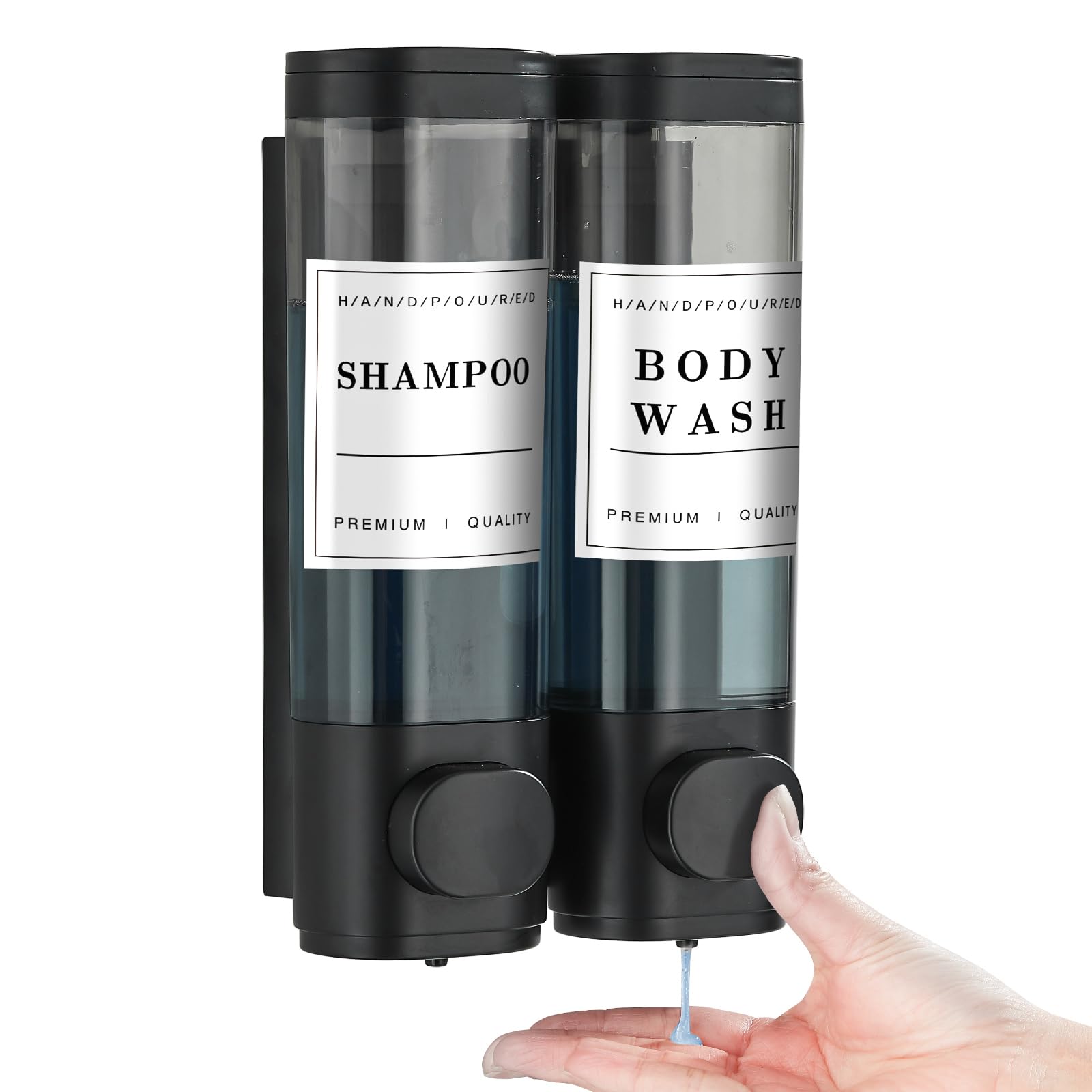 Unisense Wall-Mounted Shampoo and Conditioner Dispenser - 2 Chamber, No Drill Installation, Large Capacity, Black