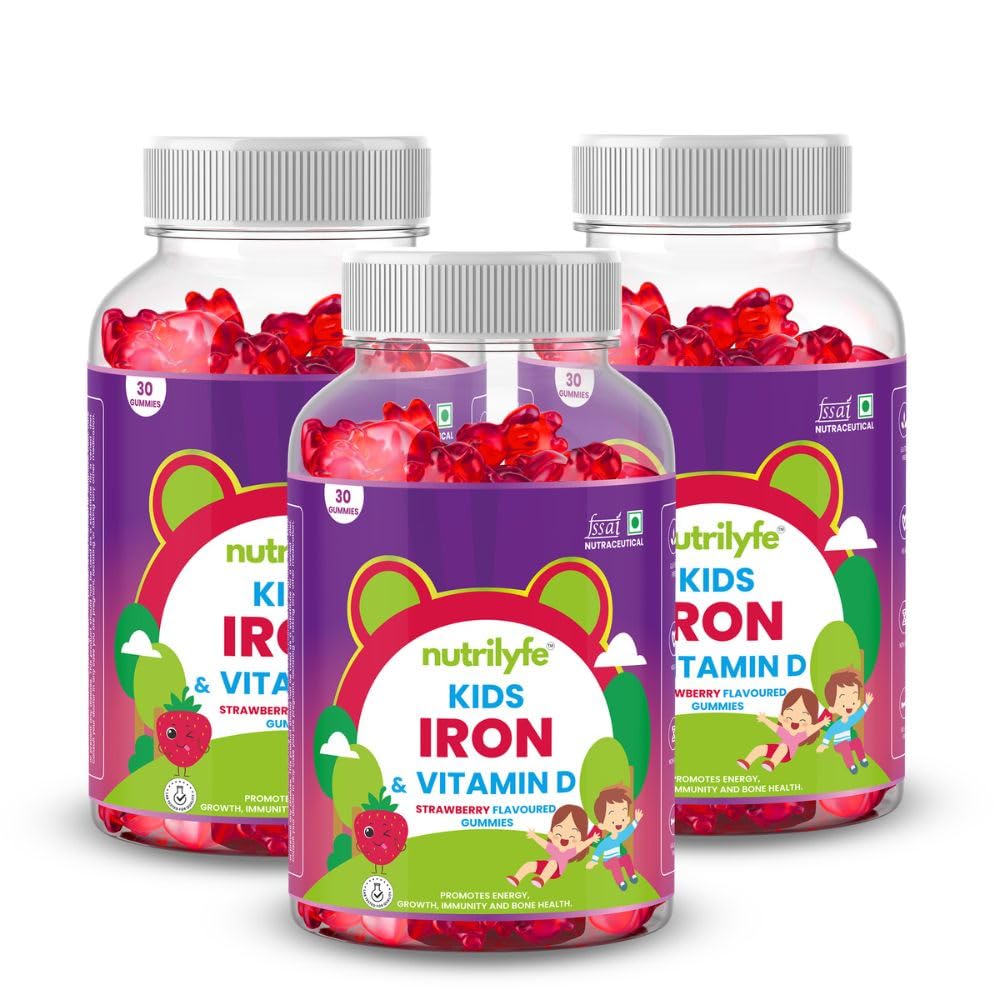 Kids Iron & Vitamin D Gummies | Strawberry Flavored | Promotes Energy, Growth, Immunity & Bone Health | Improves Haemoglobin | Contains Vitamins & Folic Acid | 90 Gummies | Pack of 3