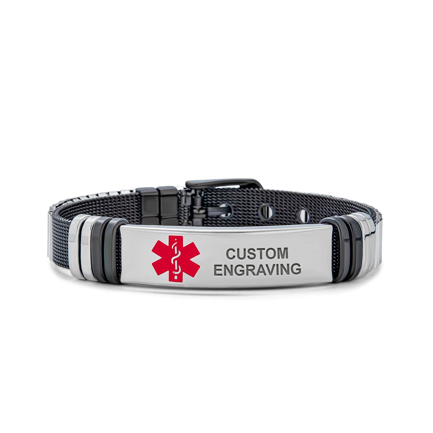 Bracelet d'identification médicale ajustable en acier noir avec plaque gravée
