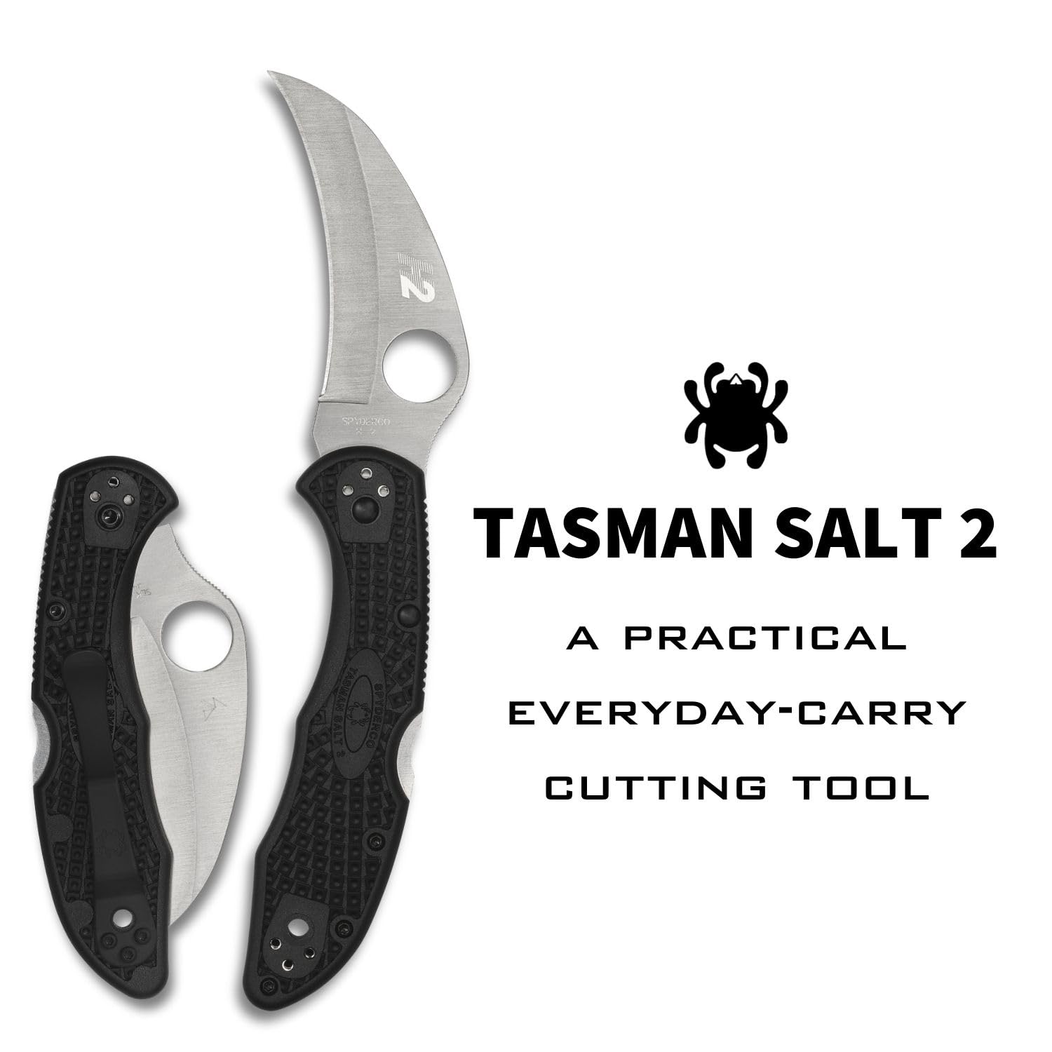 Spyderco Tasman Salt 2 C106PBK2 - Coltello leggero con lama in acciaio H-1 ultra resistente alla corrosione da 7,4 cm e manico nero FRN