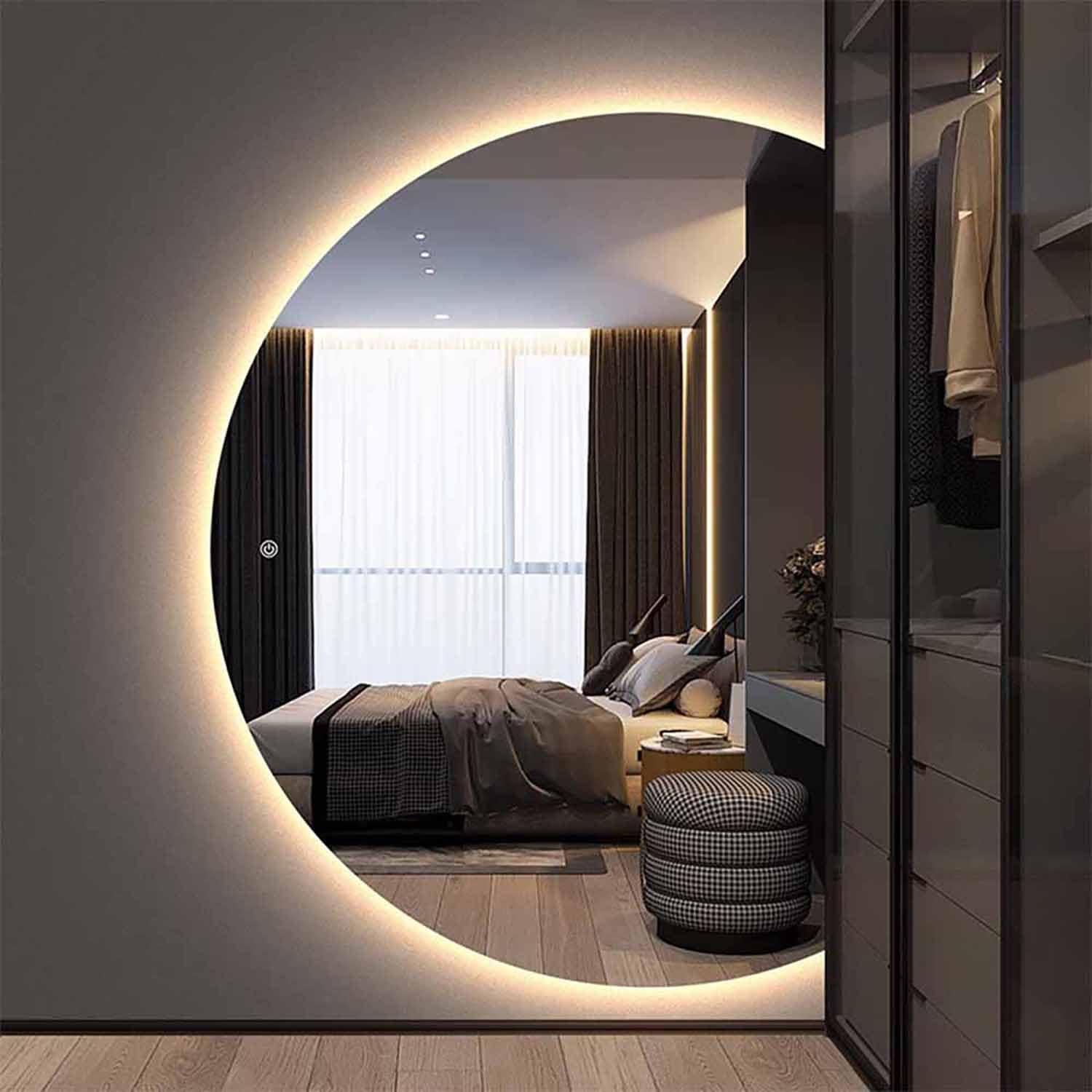 FGXHHS Modern Half Moon Bathroom Wall Mirror, 3000K-6000K Dimmable Lighted Vanity Frameless Backlit Home Decor, 110/120/130cm Large Semi-Circular(Rightcut,90cm/35)