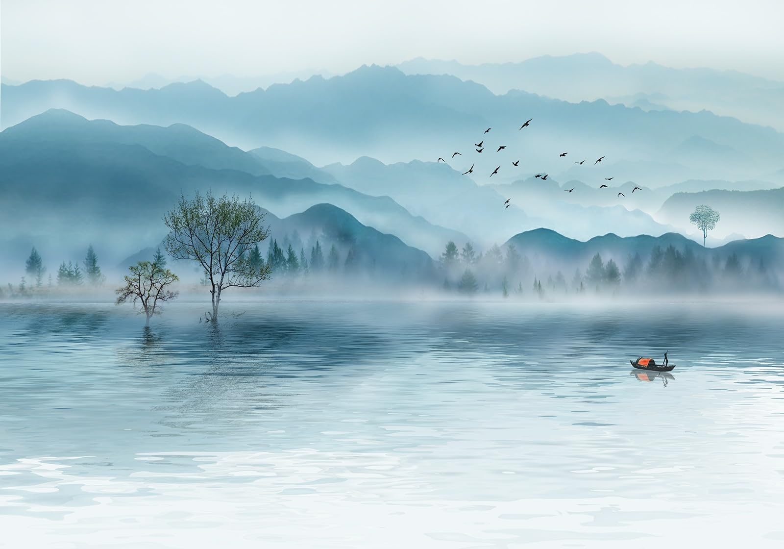 gdkldfg Blue Forest Mountains Lake Zen Nature Wallpaper,Non-Woven Poster,Wall Mural for Living Room Bedroom Feature Wall Decoration 400x280cm