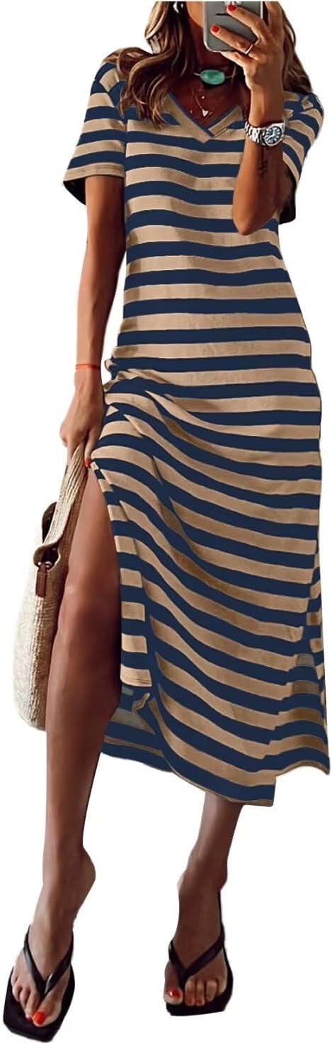 BLENCOT Women Summer Dress Striped Short Sleeve V Neck Sundress Casual Side Slit Beachwear T-Shirt Dresses Small Striped Khaki Black