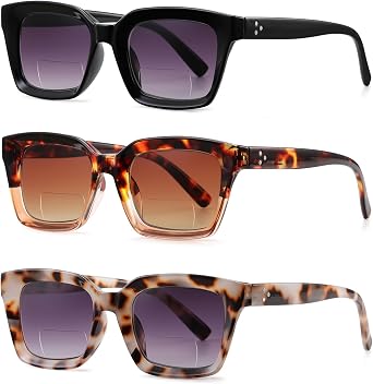 ZUVGEES 3 Pack Retro Square Bifocal Reading Sunglasses for Men and Women with Spring Hinge Outdoor Readers UV Protection