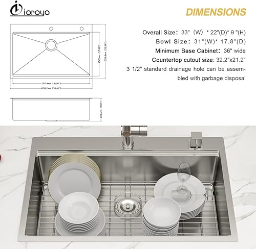 Miniatura 7 de Fregadero de cocina de 33 pulgadas con caída de 33 x 22 pulgadas, fregaderos de cocina de acero inoxidable, montaje superior, calibre 16, repisa
