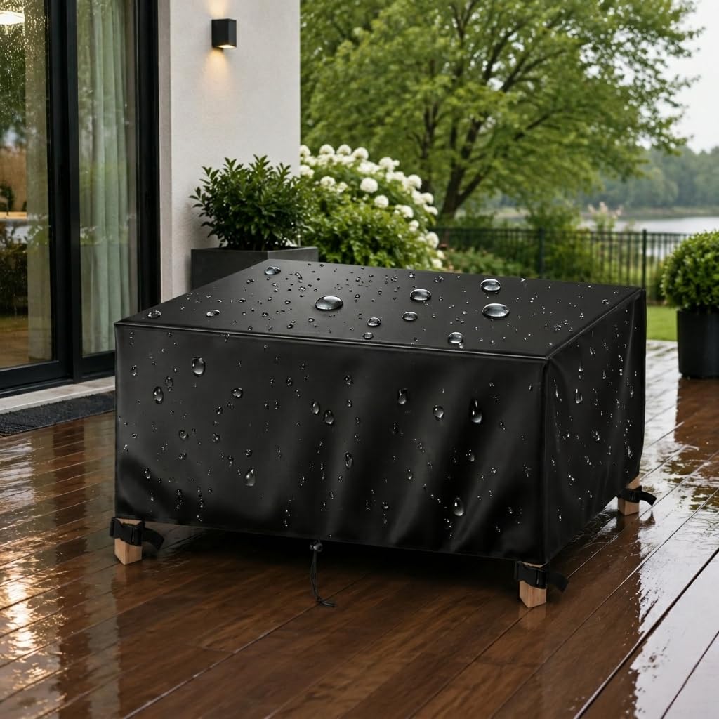 AJALGZ 420D Heavy Duty Garden Furniture Cover 90x90x75cm Waterproof & Windproof Outdoor Patio Table Cover, Rectangular Anti-UV Rattan Sofa and Chair Protective Covers, Black