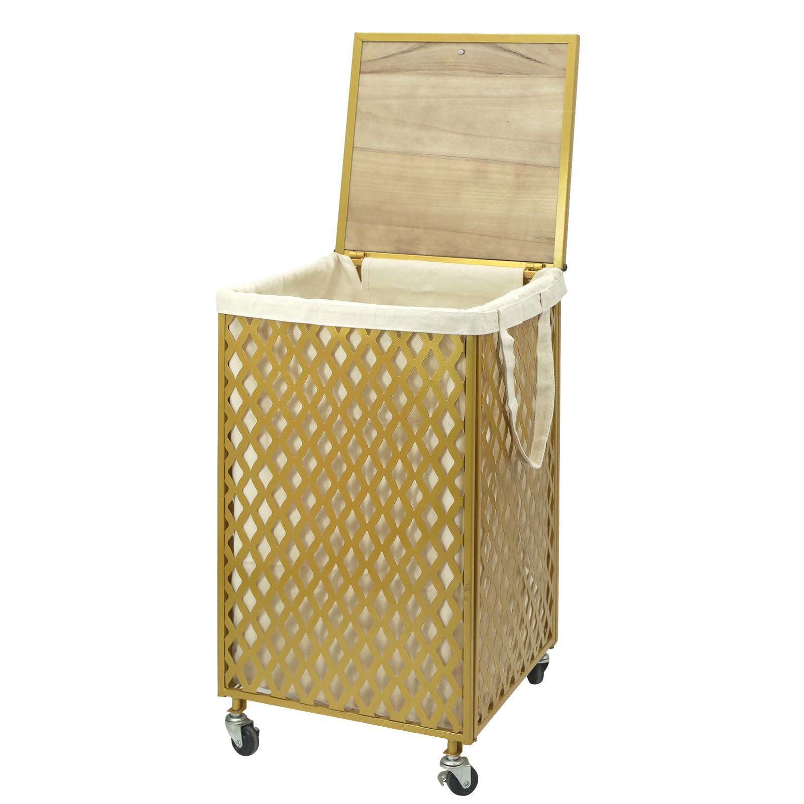 G-LEAF Wäschekorb mit Rollen, Metall Wäschesammler mit Holzdeckel & Wäschesack, für Badezimmer, Gold, 65 L (Rauten-Muster)