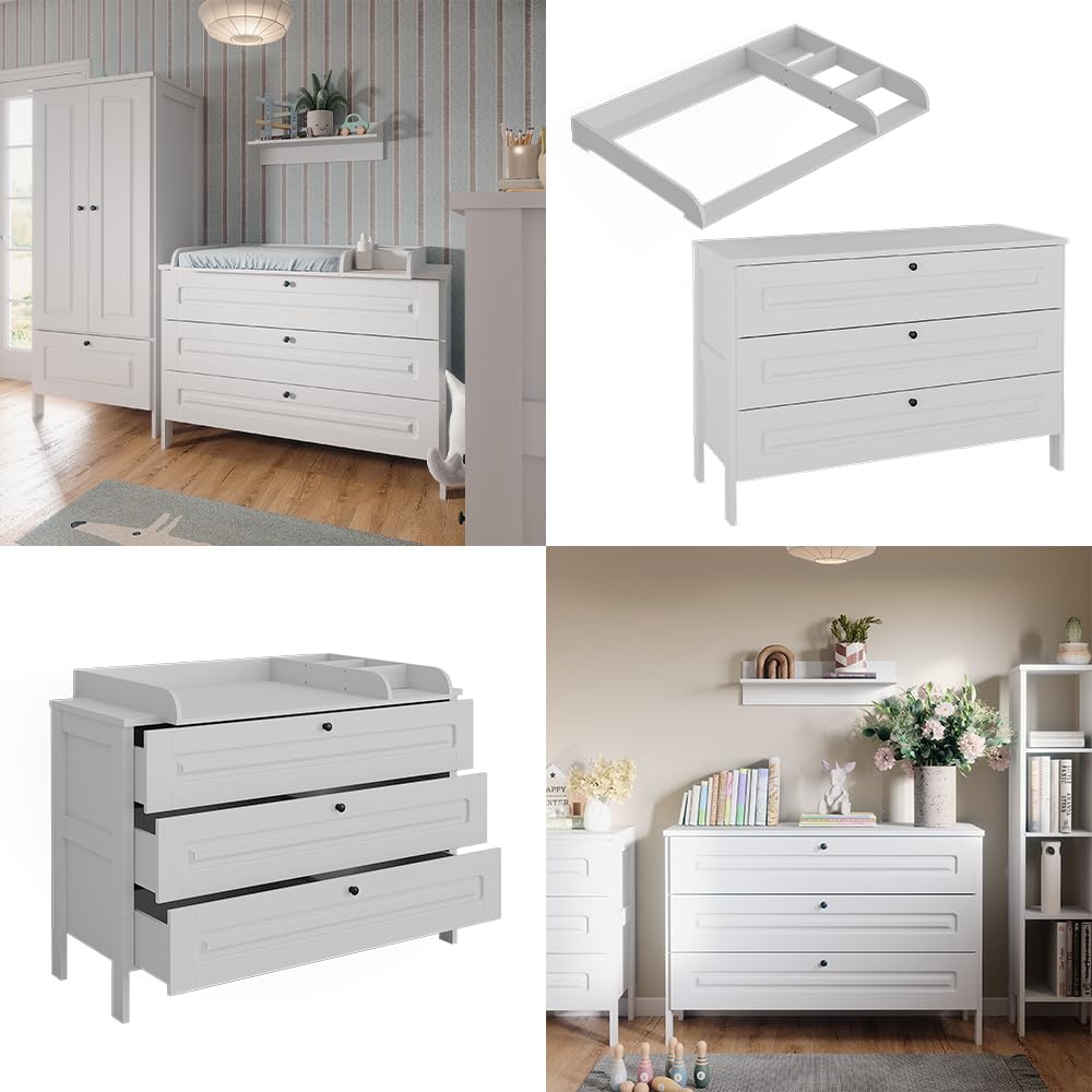 VitaliSpa Fasciatoio Ajaton, Bianco, 133 x 98.4 cm con 3 cassetti, adatto per fasciatoi standard fino a 85 cm