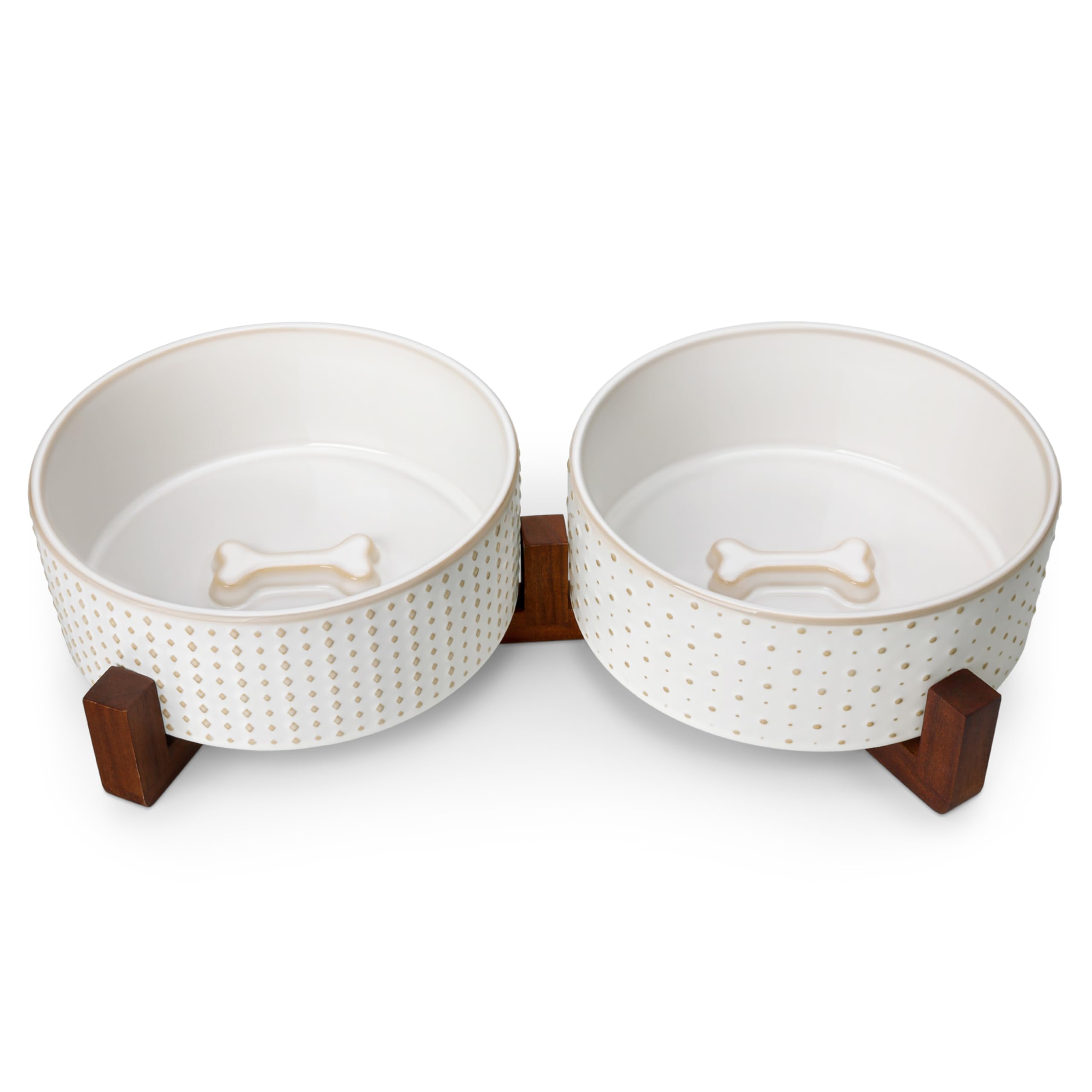 MALACASA Gamelle céramique 1800ml Double Bol avec Support en Noyer | Gamelle céramique antidérapante pour chiens et chats, nourriture et eau, structure stable, facile à nettoyer