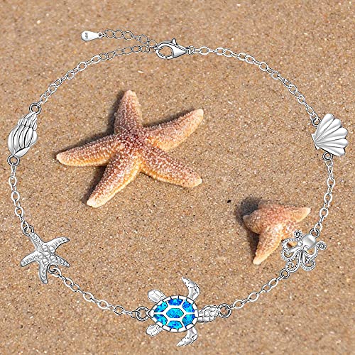 Image of Sea Turtle Ankle Bracelets for Women Blue Opal Sterling Silver Beach Starfish Octopus Conch Ocean Anklets Jewelry Gifts