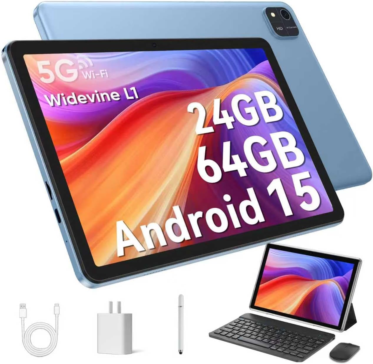 Android 15 Tablet 10.1 inch Tablet 2025 Latest Tablets with Keyboard Mouse 24GB+64GB 2TB Expand 6000mAh Octa-Core Processor Dual Camera WiFi 1280x800 IPS 18W Fast Charging