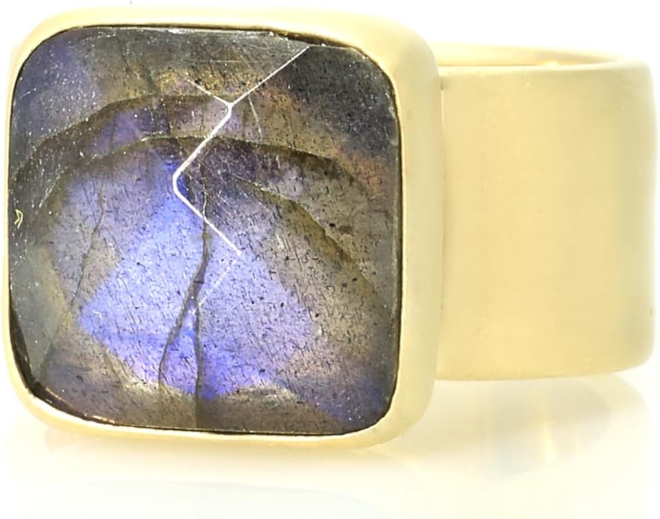 Thick Band Labradorite Square Ring - Faceted Gemstone in Gold Bezel Setting - Bold Statement Fashion Jewelry