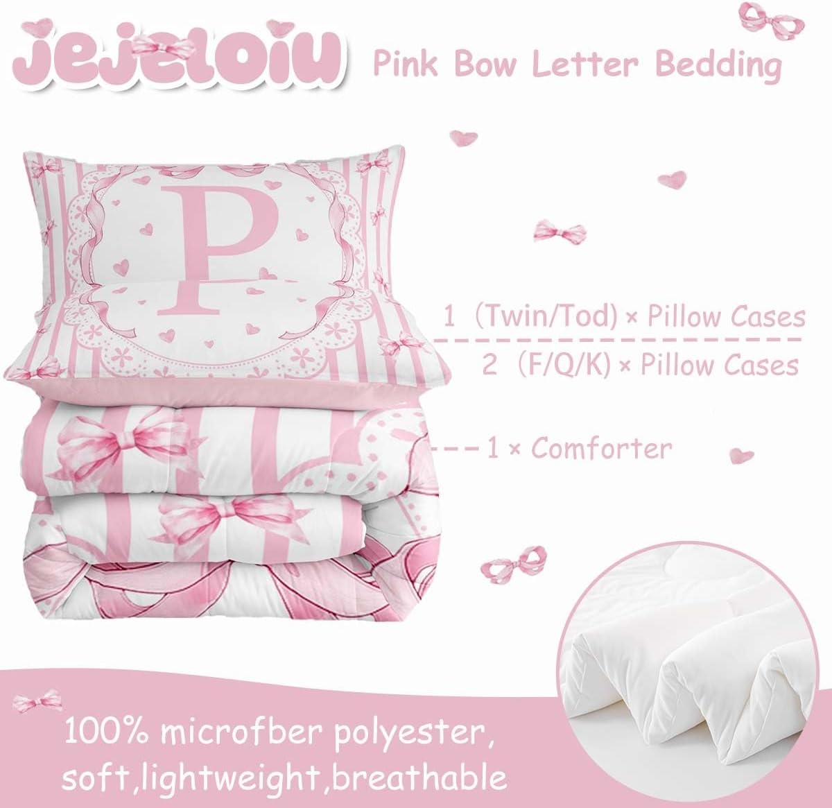 jejeloiu Cute Bowknot Comforter Set Full Size Pink Initial P Bedding Set for Kids Boys Girls Stripe Pattern Duvet Quilt Bedroom Decor Microfiber 3 Pcs with 2 Pillow Cases