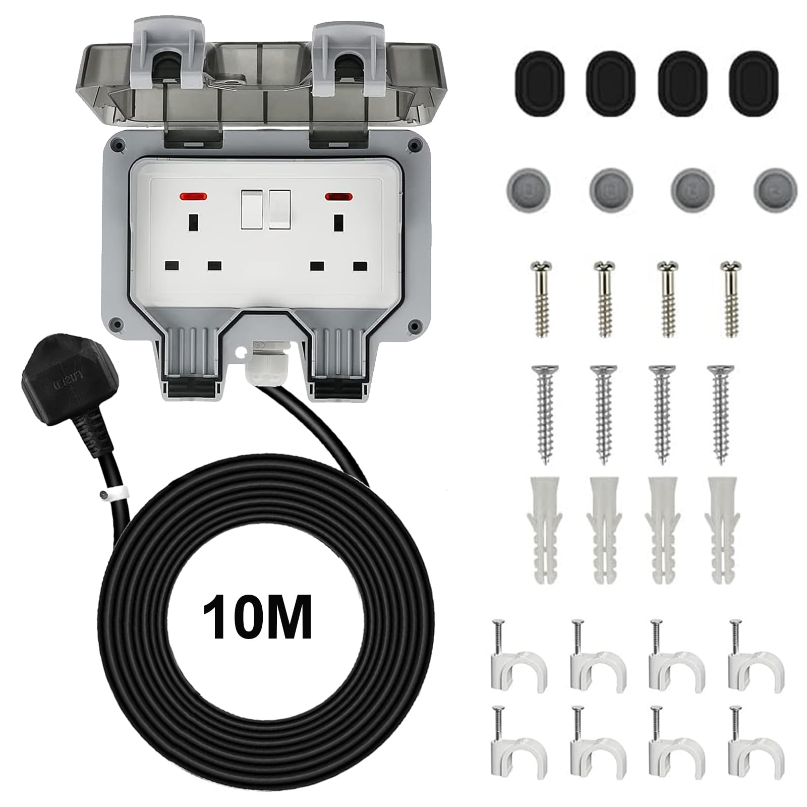 Bkiyougo Double Socket w/ 10M Extension Lead - Weatherproof Outdoor Sockets, 2 Gang Storm Switched Plugs for Exterior & Garden Use