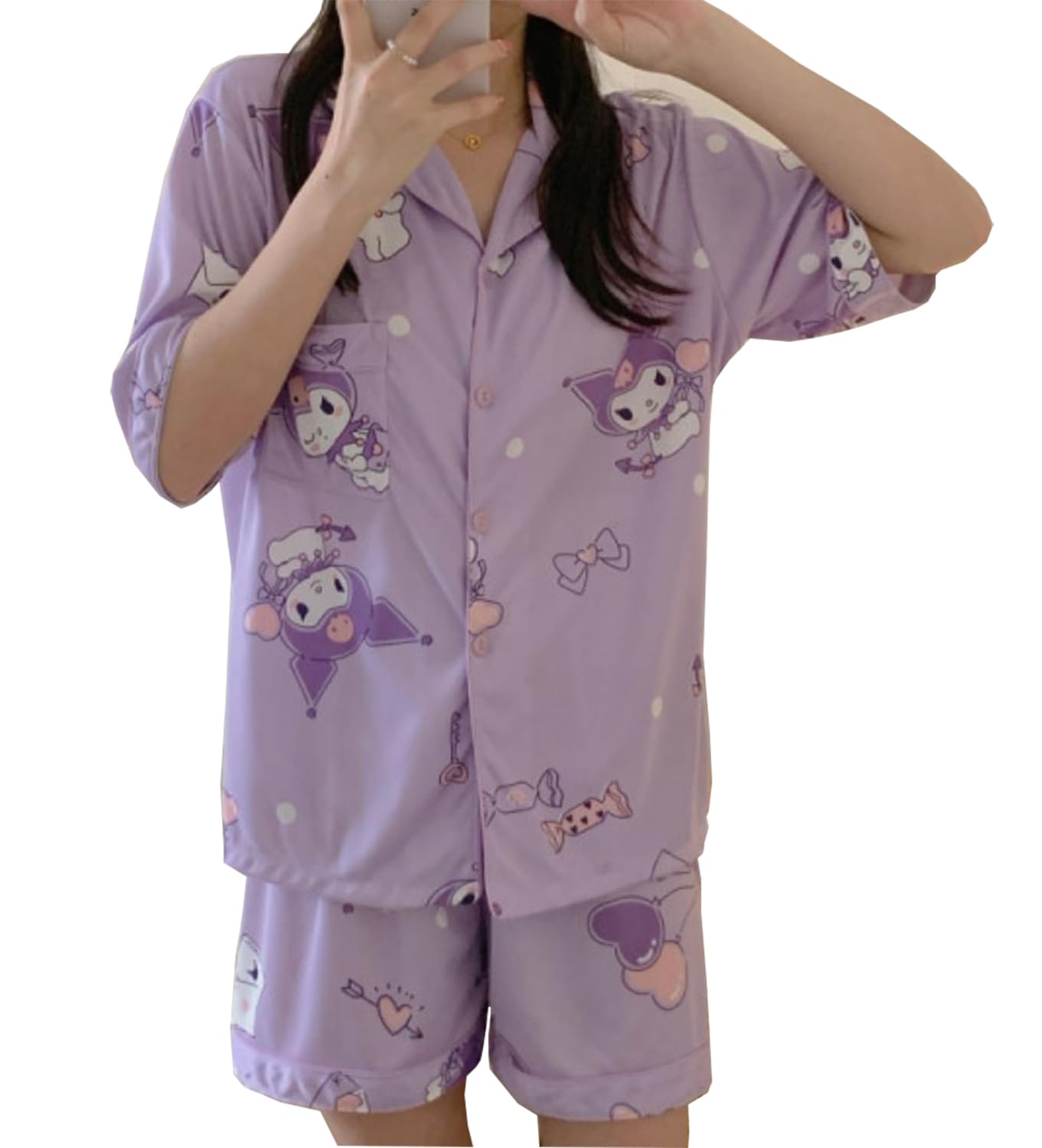 WANHONGYUEKawaii Cartoon Pajamas for Women Girls Sleepwear Loungewear Short Sleeve Shirt with Shorts 2 Piece Pajama Sets