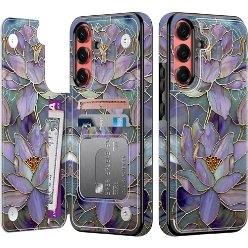Goodon for Samsung Galaxy S25 Plus Wallet Case with Card Holder RFID-Blocking Aesthetic Vintage Floral Shell Trendy Unique Cool Retro Protective Phone Cover for Women Girls - Fancy Purple Lotus