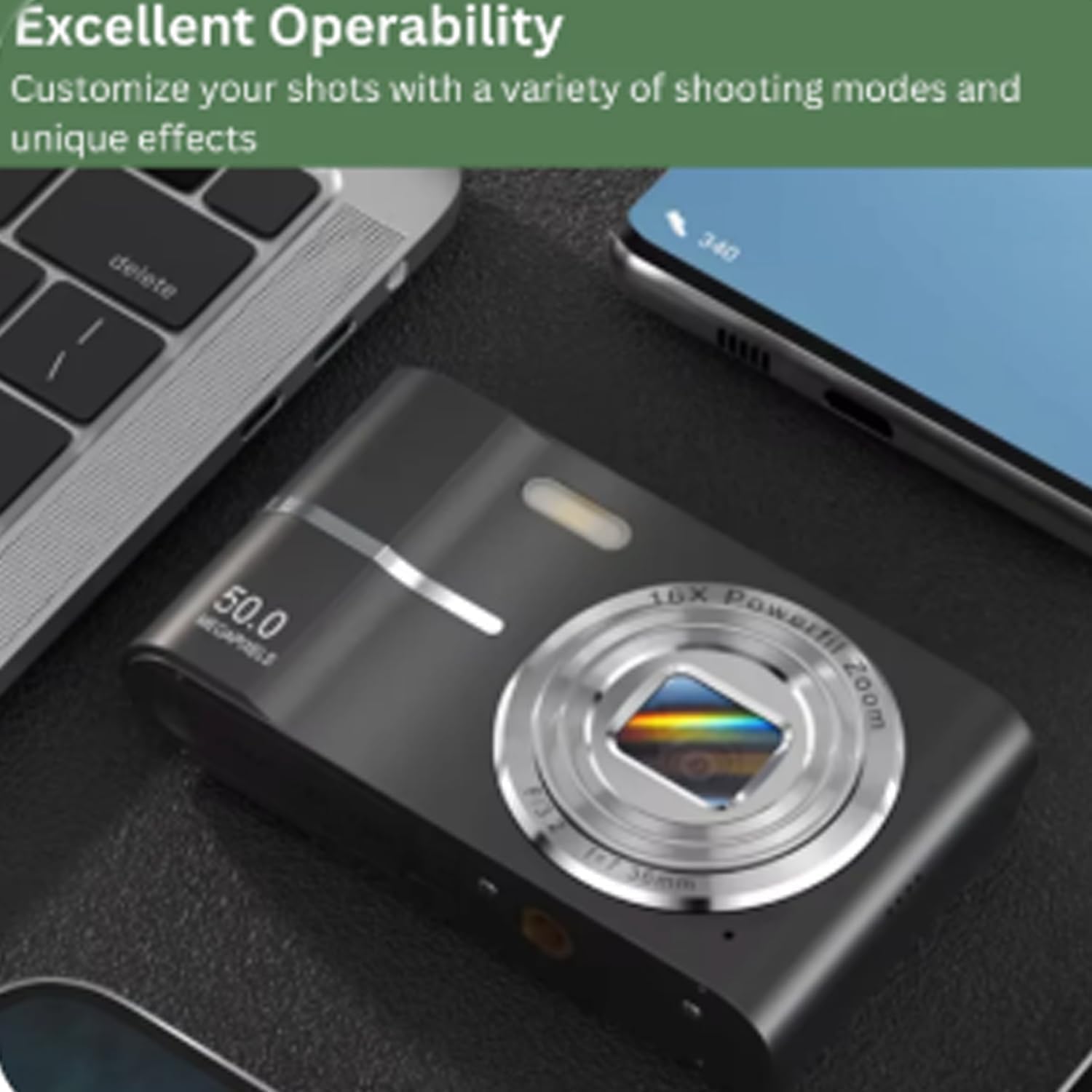 AuraCam - 2000's Aesthetic Digital Camera, 50MP Camera - HD 1080P, 16X Zoom, Anti-Shake, 2.4 Inch LCD Screen, Autofocus, Compact & Portable for Teens & Beginners (White)