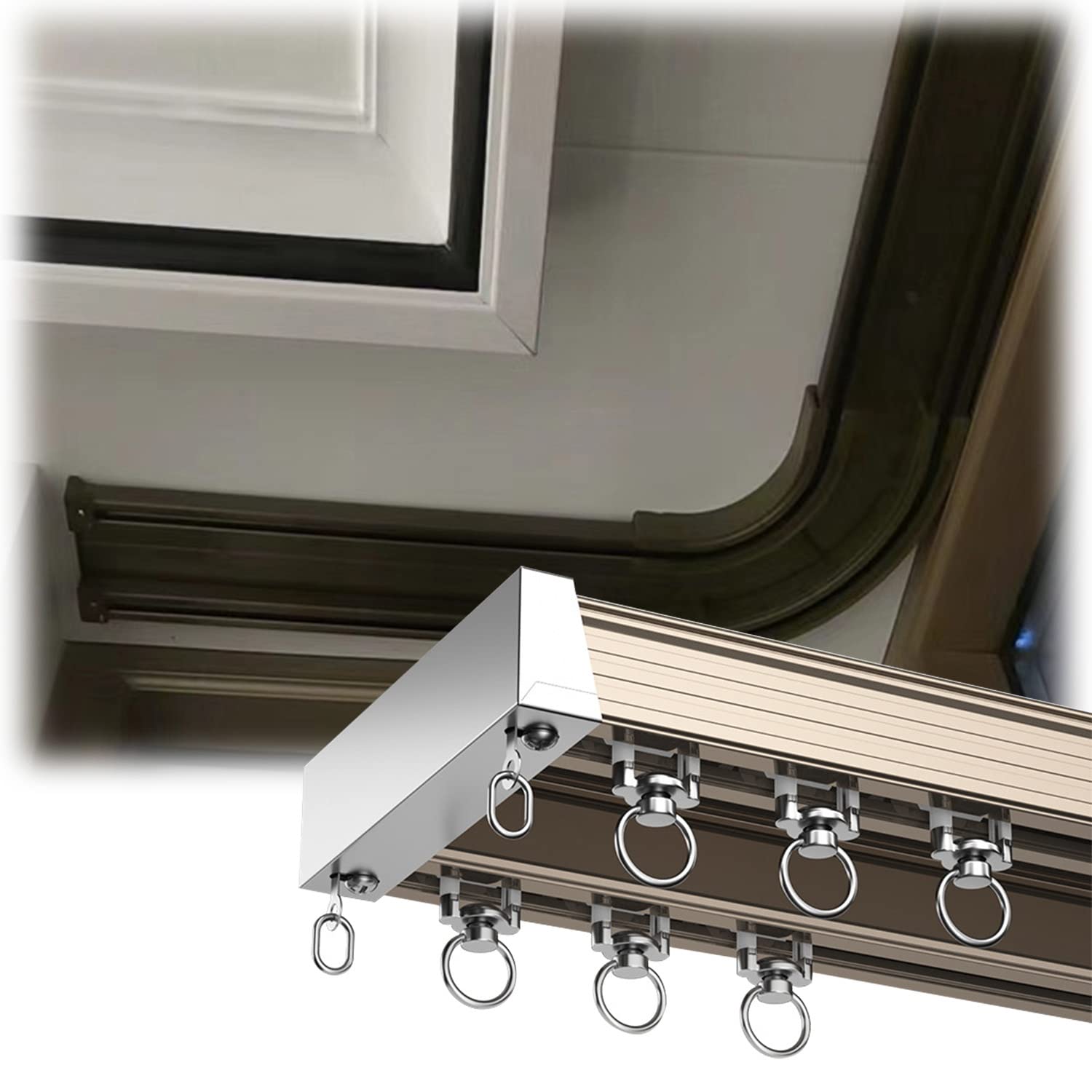 Rail de plafond pour rideaux design champagne de 1,8 m, double tringle robuste d'angle à 90 degrés