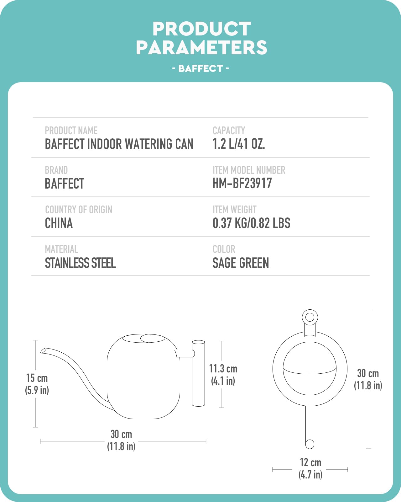 Baffect Arrosoir d'intérieur pour plantes d'intérieur et bonsaï (1,2 L, vert sauge) | Petit pot d'arrosage en métal pour plantes d'intérieur avec long bec et poignée en bois, 1 162,3 g