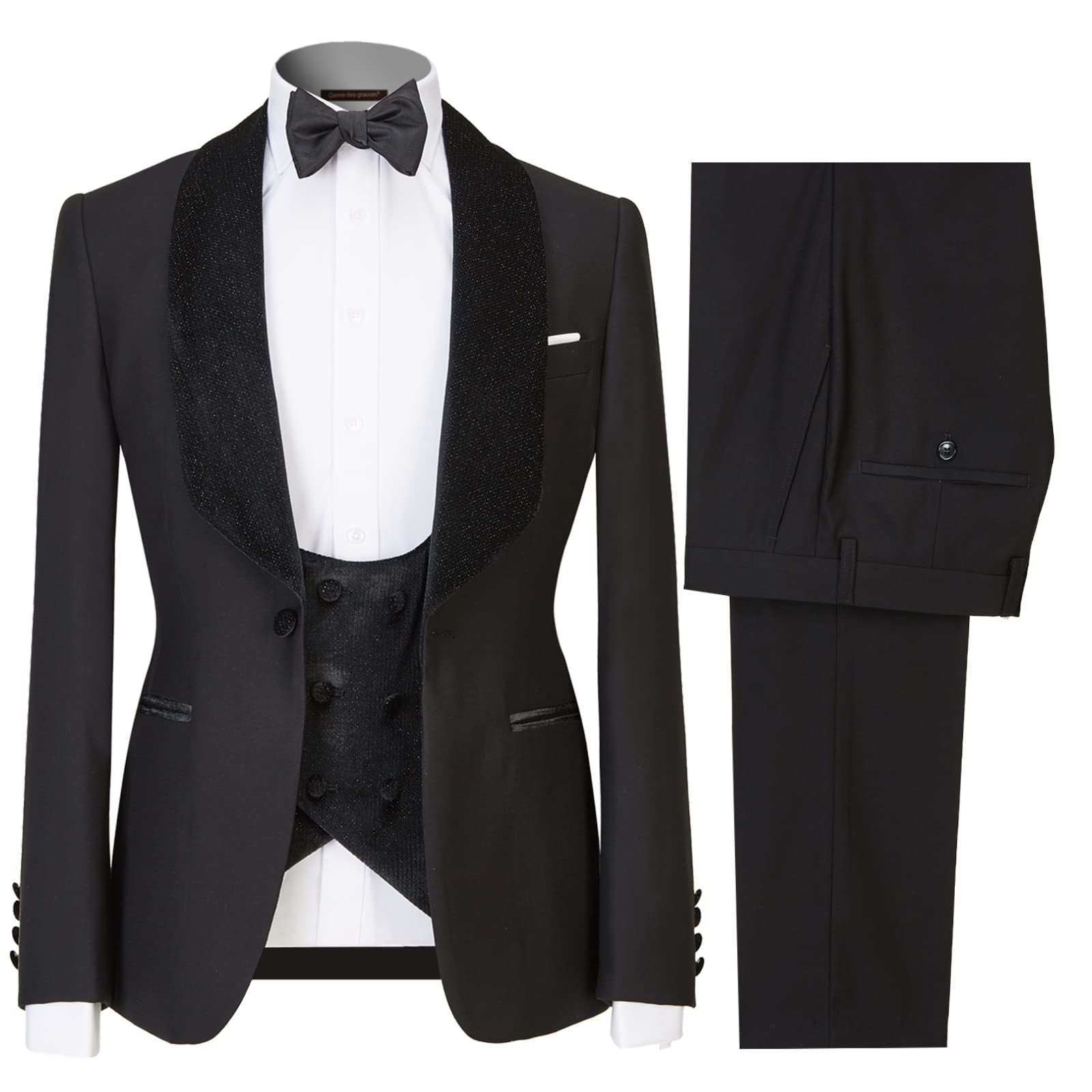 Mens Suits Slim Fit 3 Piece Men's Solid Color Tuxedo one Button Shawl Collar Jacket Vest and Pants