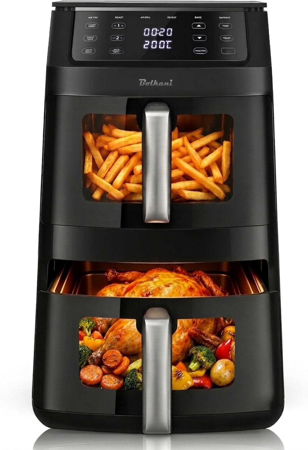 Freidora de aire caliente doble XXL 11 L con 2 cámaras verticales, Smart Finish & Sync, iluminación interior, ojo de buey de cristal, 6 programas automáticos, función grill, pantalla táctil.
