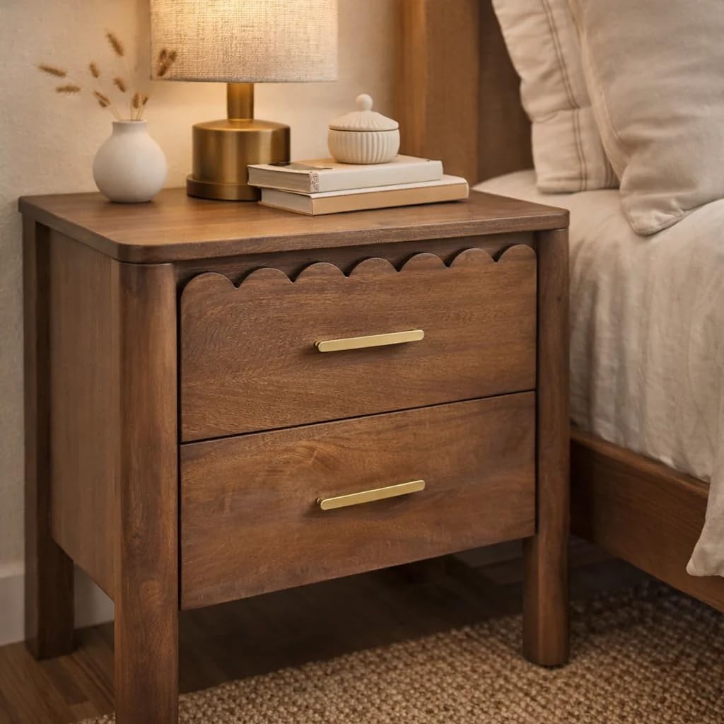 Solid Wood Bedside Table with 2 Drawers | Indiana Scalloped Edge Wooden Nightstand | Acacia Wood Side Table for Bedroom Storage Furniture-image-15