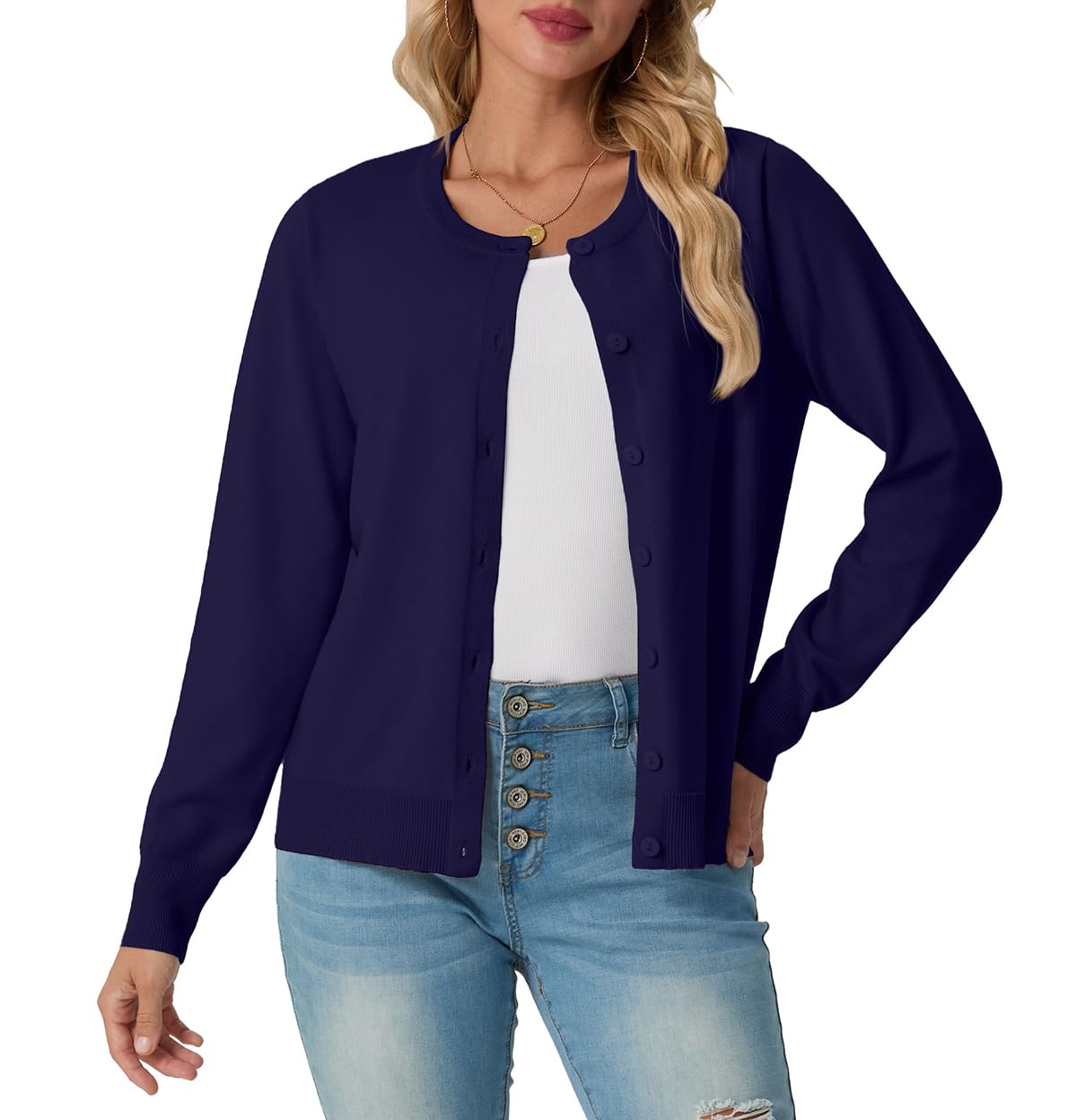 GRECERELLE Cardigan d'été doux pour femme, joli cardigan léger à col rond à manches longues pour femme, pull en tricot uni, pull décontracté boutonné pour femmes, nuits d'été et rendez-vous galant