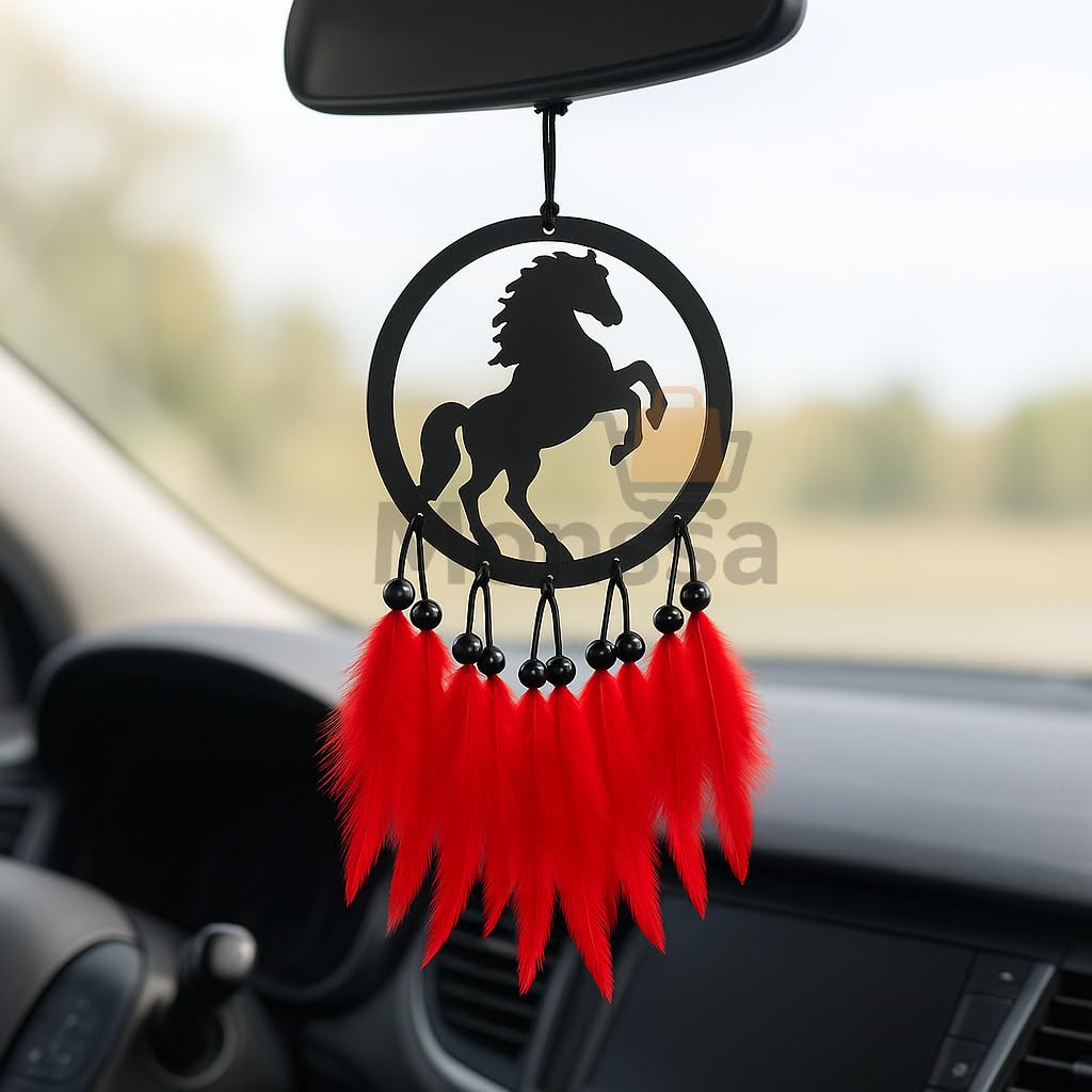 Monssa Horse Red Car Dream Catcher Car Hanging for Rear View Mirror - Handmade Feather Charm Ornament for Car Interior Decoration & Gift - Positive Energy & Protection Accessory - (Pack of 1)-picture-40
