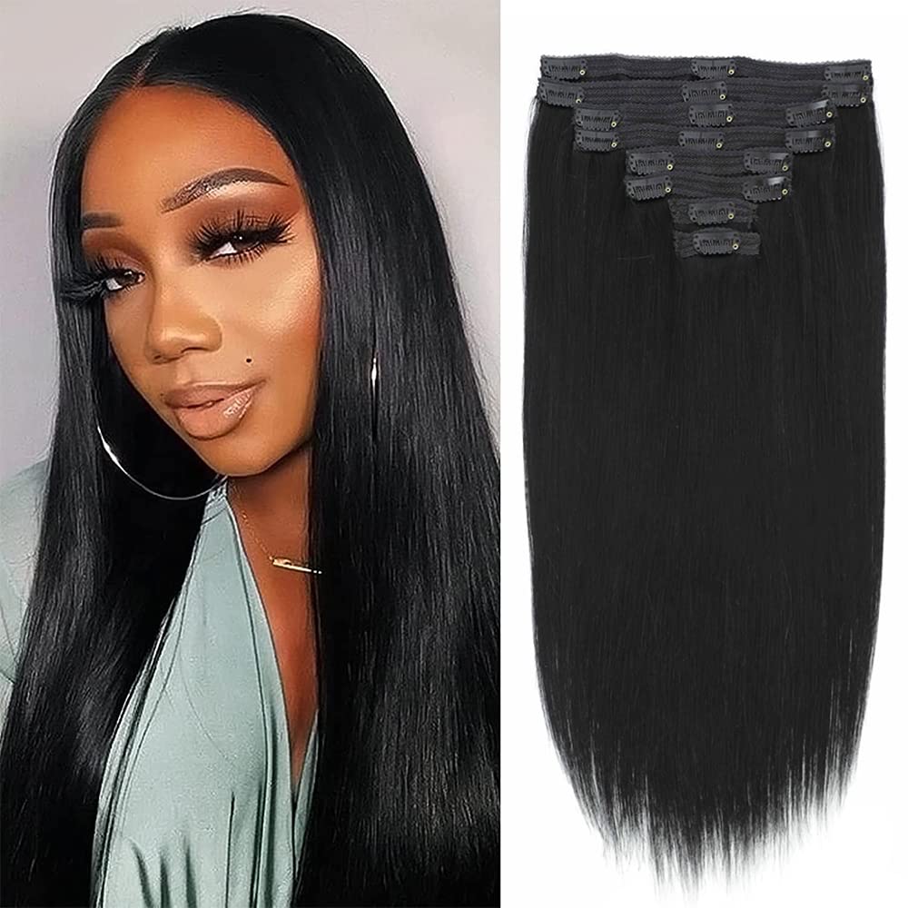 NvnvdijStraight Clip in Hair Extensions Remy Human Hair 8pcs Per Set with 18Clips Double Weft Clip in Human Hair Extensions Real Human Hair For Women (18 Inch #1)