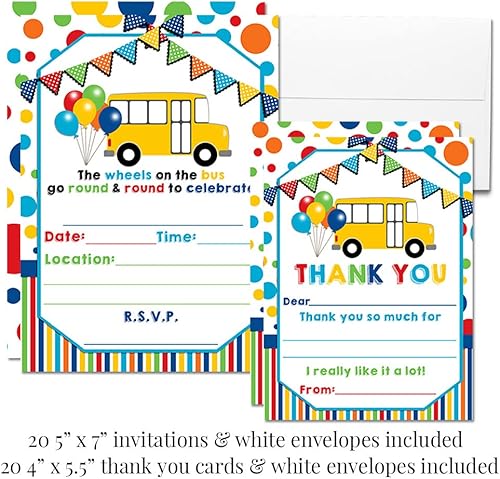Miniatura 7 de El paquete de fiesta de cumpleaños de Wheels on the Bus incluye 20 invitaciones y tarjetas de agradecimiento con sobres + 2 tamaños diferentes de